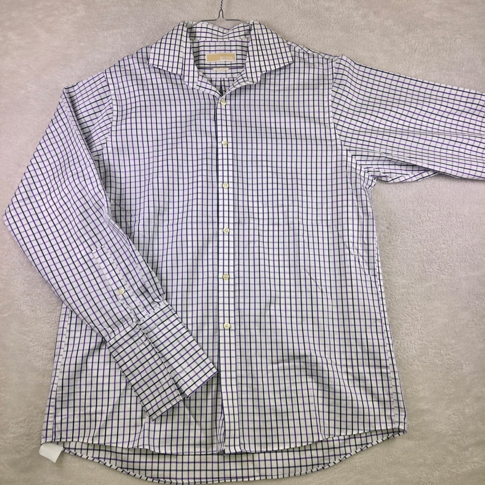 Michael Kors Mens Non Iron Purple Blue Tattersall Check Dress Shirt 16.5 34/35